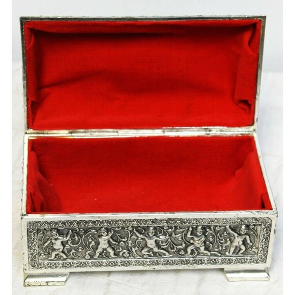 Vtg Silver Metal 3D Trinket Jewelry Box Cherubs Flower Dome Lid French Regency - Picture 8 of 10